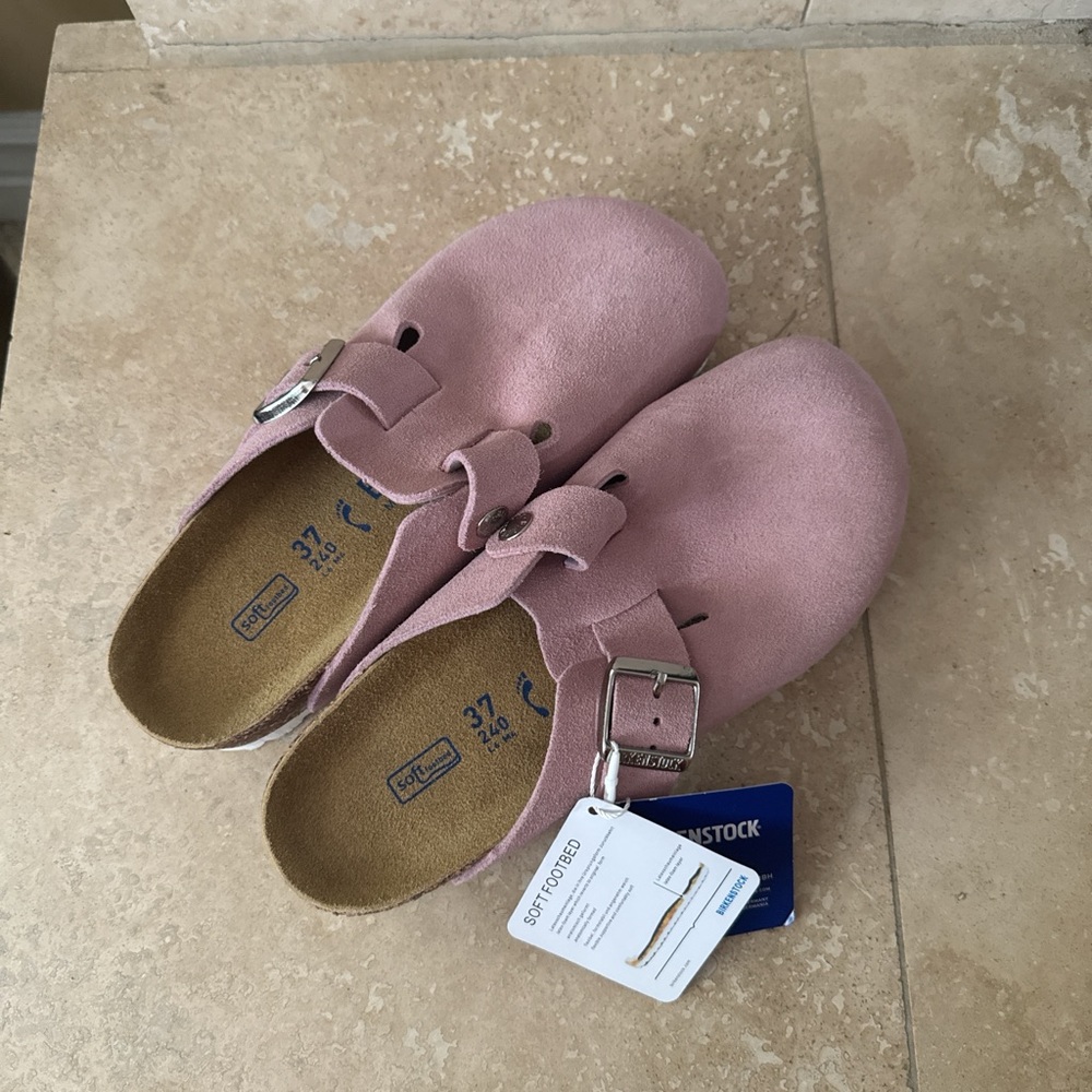 Birkenstock Soft Pink Suede Clogs with Buckle
